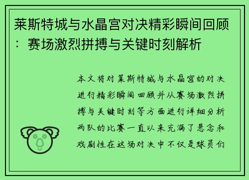 莱斯特城与水晶宫对决精彩瞬间回顾：赛场激烈拼搏与关键时刻解析